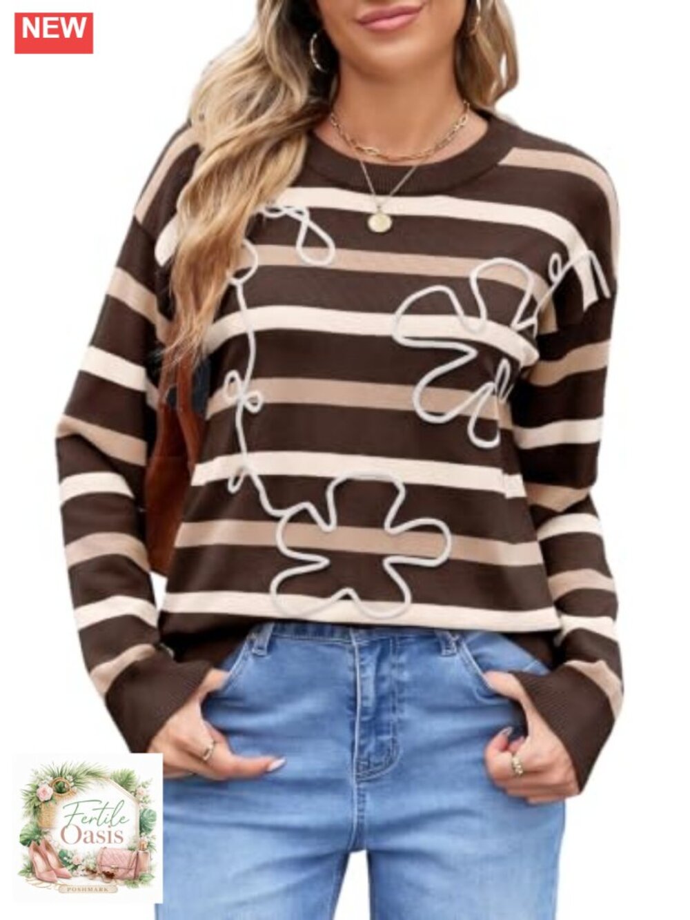 Women's 3D Floral Long Sleeve Striped Crewneck Pullover Sweater Knit Viscose